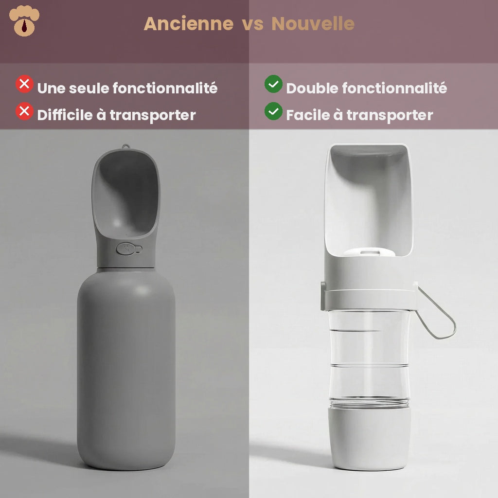 Gourde de voyage anti-fuite pour animaux — Distributeur d'eau et compartiment croquettes 2 en 1, sans BPA