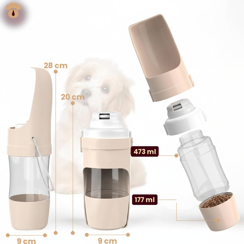 Gourde de voyage anti-fuite pour animaux — Distributeur d'eau et compartiment croquettes 2 en 1, sans BPA
