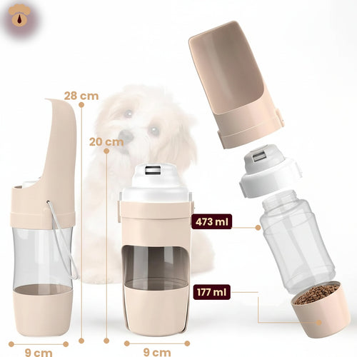 Gourde de voyage anti-fuite pour animaux — Distributeur d'eau et compartiment croquettes 2 en 1, sans BPA