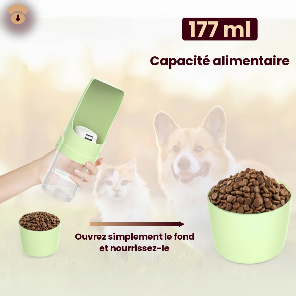 Gourde de voyage anti-fuite pour animaux — Distributeur d'eau et compartiment croquettes 2 en 1, sans BPA